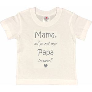 T-shirt Kinderen ""Mama, wil je met mijn papa trouwen?"" | korte mouw | wit/grijs | maat 86/92 (XXS)