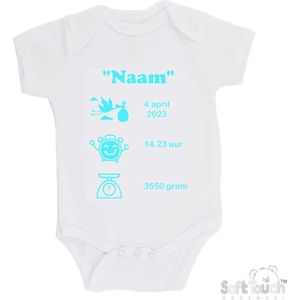 100% katoenen Romper met naam & geboortegegevens Unisex/Meisje/Jongen Katoen Wit/aquablauw Maat 62/68