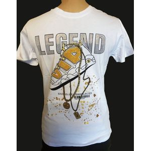 Kinder t-shirt met voetbalschoen, wit, maat 98/104, goud, ketting, legend, steentjes, gold, stoer, cool, zeer mooi!