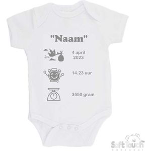 100% katoenen Romper met naam & geboortegegevens Unisex/Meisje/Jongen Katoen Wit/grijs Maat 62/68