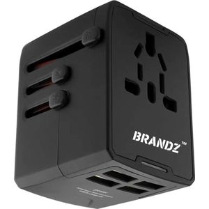 Brandz® Reisstekker - Wereldstekker - USB-C - Universele Reisstekker - 150+ Landen Universele Wereldstekker - 3 USB Uitgangen - Zwart