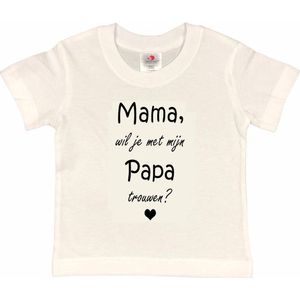 T-shirt Kinderen ""Mama, wil je met mijn papa trouwen?"" | korte mouw | wit/zwart | maat 110/116 (XS)