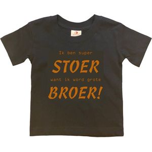 Shirt Aankondiging zwangerschap Ik ben SUPER stoer want ik word grote broer! | korte mouw | Zwart/tan | maat 134/140 zwangerschap aankondiging bekendmaking Baby big bro brother