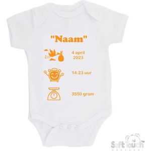 100% katoenen Romper met naam & geboortegegevens Unisex/Meisje/Jongen Katoen Wit/mosterd Maat 56/62