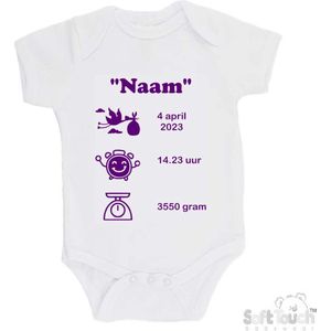 100% katoenen Romper met naam & geboortegegevens Unisex/Meisje/Jongen Katoen Wit/paars Maat 56/62