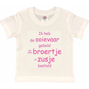 Shirt Aankondiging zwangerschap Ik heb de ooievaar gebeld en een broertje of zusje besteld | korte mouw | wit/roze | maat 134/140 zwangerschap aankondiging bekendmaking