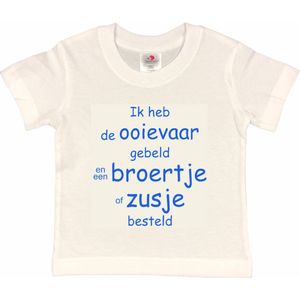 Shirt Aankondiging zwangerschap Ik heb de ooievaar gebeld en een broertje of zusje besteld | korte mouw | wit/blauw | maat 110/116 zwangerschap aankondiging bekendmaking
