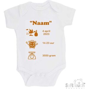 100% katoenen Romper met naam & geboortegegevens Unisex/Meisje/Jongen Katoen Wit/tan Maat 56/62