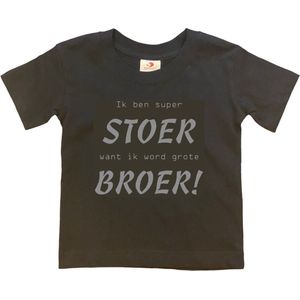 Shirt Aankondiging zwangerschap Ik ben SUPER stoer want ik word grote broer! | korte mouw | Zwart/grijs | maat 122/128 zwangerschap aankondiging bekendmaking Baby big bro brother