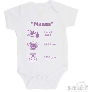 100% katoenen Romper met naam & geboortegegevens Unisex/Meisje/Jongen Katoen Wit/lila Maat 62/68