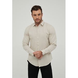 Yves Enzo - Heren Overhemd - Beige - Linnen - Italiaans Stijl