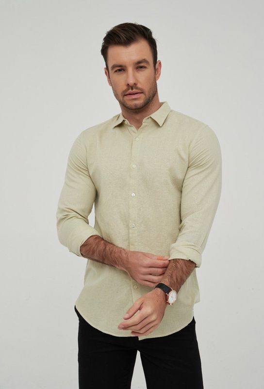 Yves Enzo - Heren Overhemd - Lichtgeel - Linnen - Lange Mouw