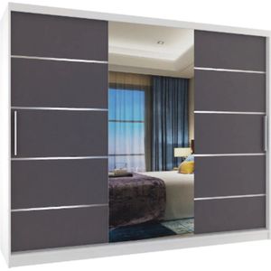 Kledingkast wit grijs -235 cm- met spiegel-Schuifdeuren-2 lades
