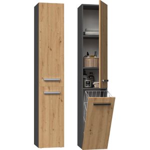 Badkamermeubel-Badkamerkast – Wandkast – Kolomkast – Hoog – Met wasmand – Antraciet- Eiken Kleur