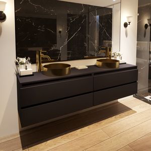 Fontana Vazano mat zwart badkamermeubel 200cm met ronde waskom mat goud