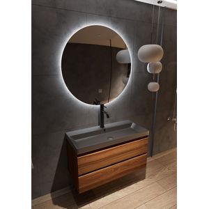 Fontana Kolo wastafelmeubel walnoot 100cm zwarte wastafel 1 kraangat met ronde spiegel