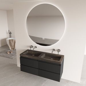 Fontana Freestone badkamermeubel mat zwart 120cm met natuurstenen wastafel zonder kraangaten en ronde spiegel