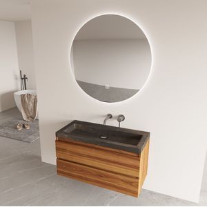 Fontana Freestone badkamermeubel walnoot 100cm met natuurstenen wastafel zonder kraangat en ronde spiegel