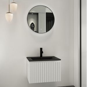 Fontana Lento wit badkamermeubel ribbelfront met zwarte wastafel 60cm 1 kraangat en ronde spiegel