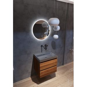 Fontana Kolo wastafelmeubel walnoot 60cm zwarte wastafel 0 kraangaten met ronde spiegel