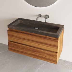 Fontana Freestone badkamermeubel walnoot 100cm met natuurstenen wastafel zonder kraangat
