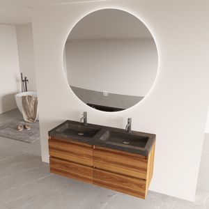 Fontana Freestone badkamermeubel walnoot 120cm met natuurstenen wastafel 2 kraangaten en ronde spiegel
