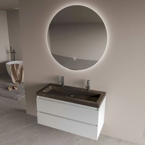 Fontana Freestone badkamermeubel mat wit 100cm met natuurstenen wastafel 2 kraangaten en ronde spiegel