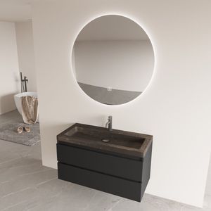Fontana Freestone badkamermeubel mat zwart 100cm met natuurstenen wastafel 1 kraangat en ronde spiegel