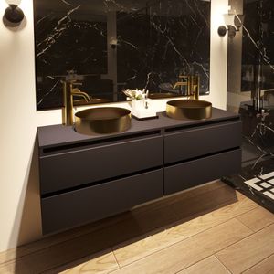 Fontana Vazano mat zwart badkamermeubel 160cm met ronde waskom mat goud
