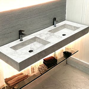 B-Stone Sinister wastafel met 2 kraangaten 150x50x12cm Marble wit