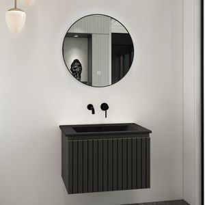 Fontana Lento zwart badmeubel ribbelfront 60cm met zwarte wastafel zonder kraangat en ronde spiegel