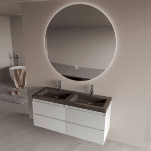 Fontana Freestone badkamermeubel mat wit 120cm met natuurstenen wastafel 2 kraangaten en ronde spiegel