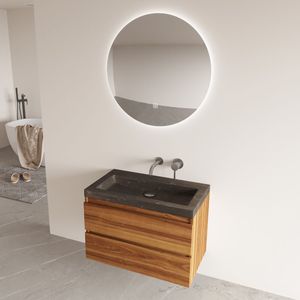 Fontana Freestone badkamermeubel walnoot 80cm met natuurstenen wastafel zonder kraangat en ronde spiegel