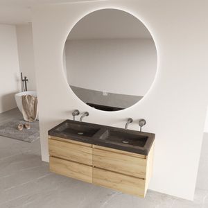 Fontana Freestone badkamermeubel warm eiken 120cm met natuurstenen wastafel zonder kraangaten en ronde spiegel