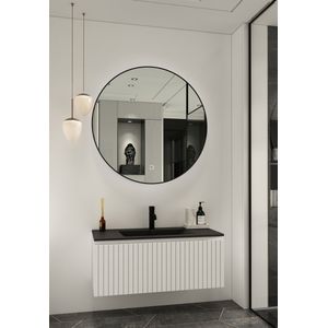 Fontana Lento wit badkamermeubel ribbelfront met zwarte wastafel 100cm 1 kraangat en ronde spiegel