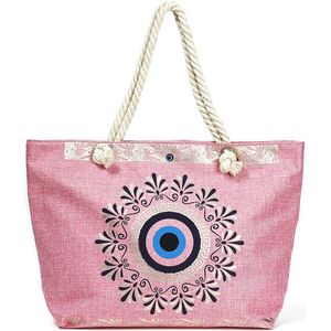 Een vrolijke strandtas met een fleurige roze print (55x35cm) gevoerd en afsluitbaar met een rits aan de binnenkant. Een handige tas om veel in mee te kunnen nemen. Afgewerkt met twee handvaten van gedraaid touw. Voor uzelf of als Cadeau.