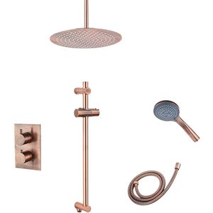 Saniclear Copper inbouwregendouche 30cm met plafondarm, 3 standen handdouche en glijstang geborsteld koper