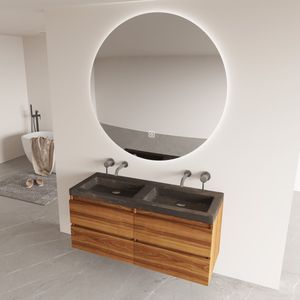 Fontana Freestone badkamermeubel walnoot 120cm met natuurstenen wastafel zonder kraangaten en ronde spiegel