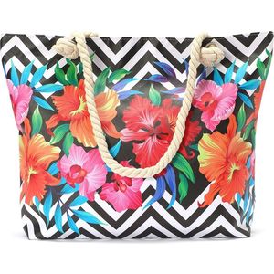 Een vrolijke strandtas met een print van bloemen (50x36cm) gevoerd en afsluitbaar met een rits aan de binnenkant. Een handige tas om veel in mee te kunnen nemen. Afgewerkt met twee handvaten van gedraaid touw. Voor uzelf of als Cadeau.