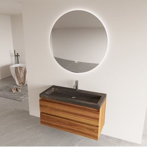Fontana Freestone badkamermeubel walnoot 100cm met natuurstenen wastafel 1 kraangat en ronde spiegel