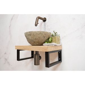 Saniclear - Baru - Fonteinset - Verouderd Messing - Eiken Plank - Rivierstenen Waskom - Inclusief Kraan