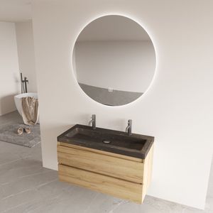 Fontana Freestone badkamermeubel warm eiken 100cm met natuurstenen wastafel 2 kraangaten en ronde spiegel