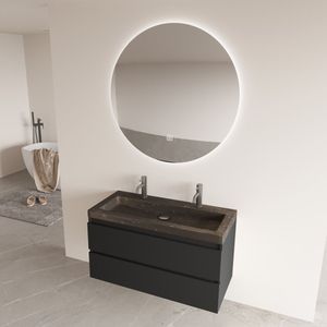 Fontana Freestone badkamermeubel mat zwart 100cm met natuurstenen wastafel 2 kraangaten en ronde spiegel