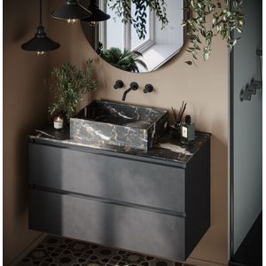 Fontana Portoro Gold marmer mat zwart wastafelmeubel 100cm met toppaneel en rechthoekige waskom