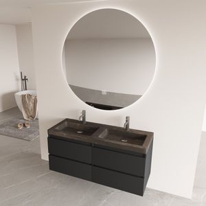 Fontana Freestone badkamermeubel mat zwart 120cm met natuurstenen wastafel 2 kraangaten en ronde spiegel