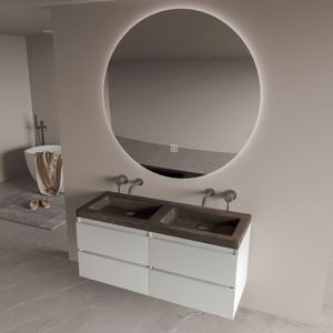 Fontana Freestone badkamermeubel mat wit 120cm met natuurstenen wastafel zonder kraangat en ronde spiegel