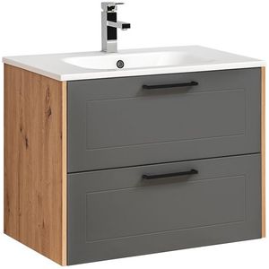 Comad Madera Grey badkamermeubel 80cm met witte wastafel en kraangat eiken/grijs