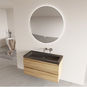 Fontana Freestone badkamermeubel warm eiken 100cm met natuurstenen wastafel zonder kraangat en ronde spiegel