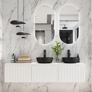 Fontana Stripe mat wit badmeubel ribbelfront 180cm met zwarte waskommen