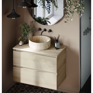 Fontana White Travertin beach eiken wastafelmeubel 80cm met toppaneel en ronde waskom